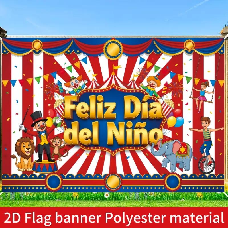 2D Flat Banner, Spanish 'feliz Día Del Niño,' Polyester, Circus Theme, Home Wall Outdoor Garden Party Decor, Large Garage Party Banner