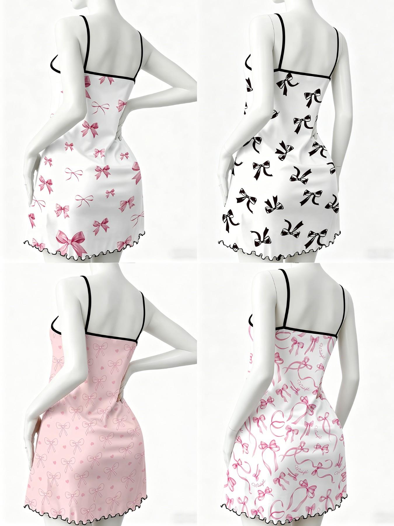 4-Pack Bow Print Nightdresses for Women, Nightwear Loungewear Sleeveless H-Type Slim Fit, Breathable Lightweight, Perfect for Spring Summer, Daily Home Wear