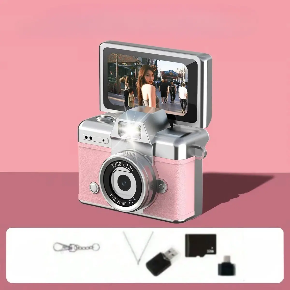 Mini Keychain Digital Camera with 4GB/32GB SD Card, Reader, Adapter, HD Video & Selfie, Perfect for Concerts & Travel Diaries