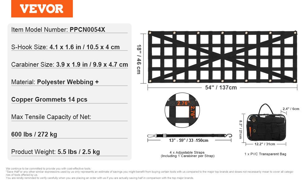 Tailgate Net, 54 inx 18 in, Heavy Duty Cargo Net for Truck Bed with 4 Adjustable Telescopic Straps, Cross-reinforced Design, Extendable Durable, Suitable for Pickup, Truck, Trailer, Jeep, SUV