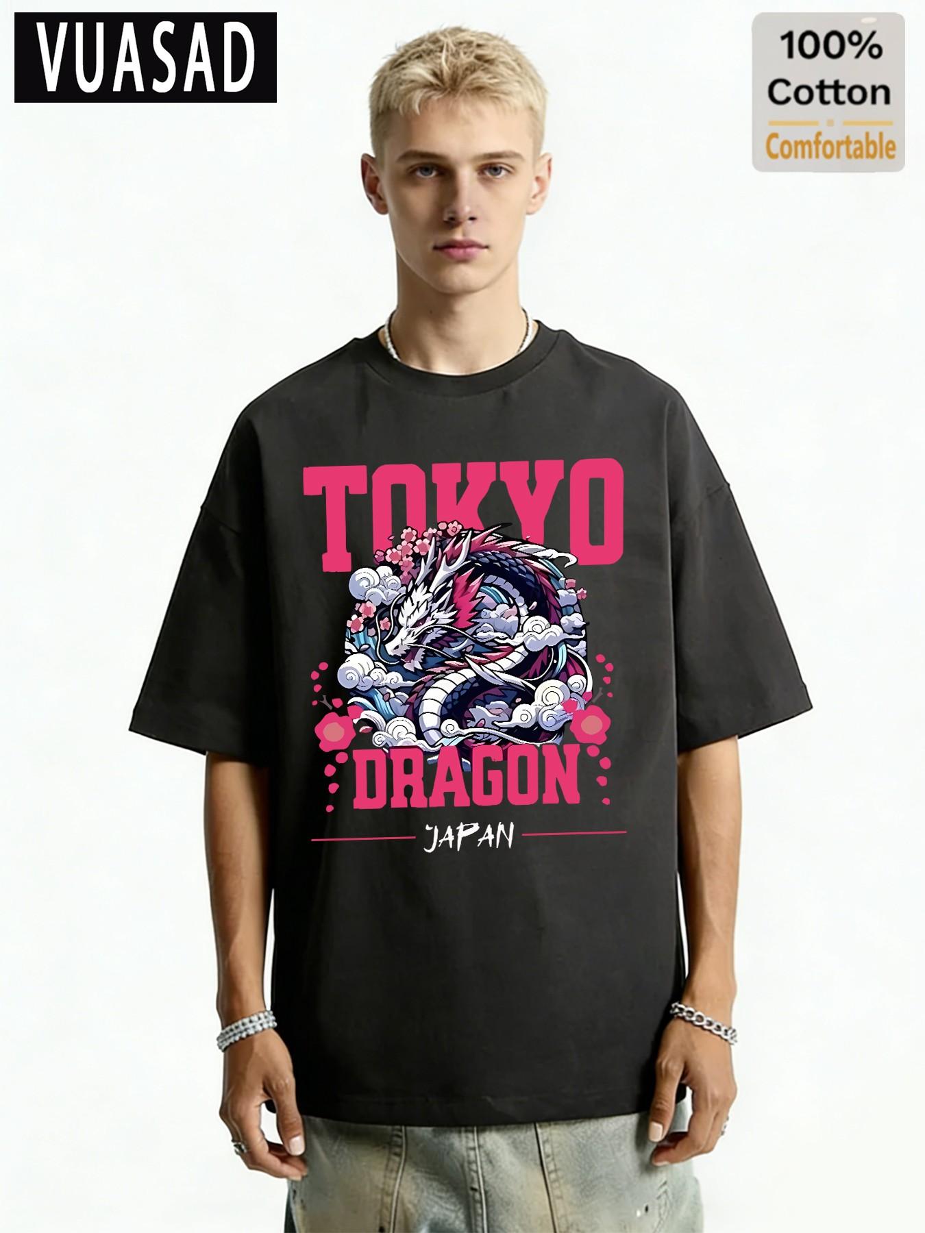100% Cotton Short Sleeve T-Shirt, Japanese Style Tokyo Dragon Cherry Blossom Print, Loose Fit Drop Shoulder Top, Casual Fashion