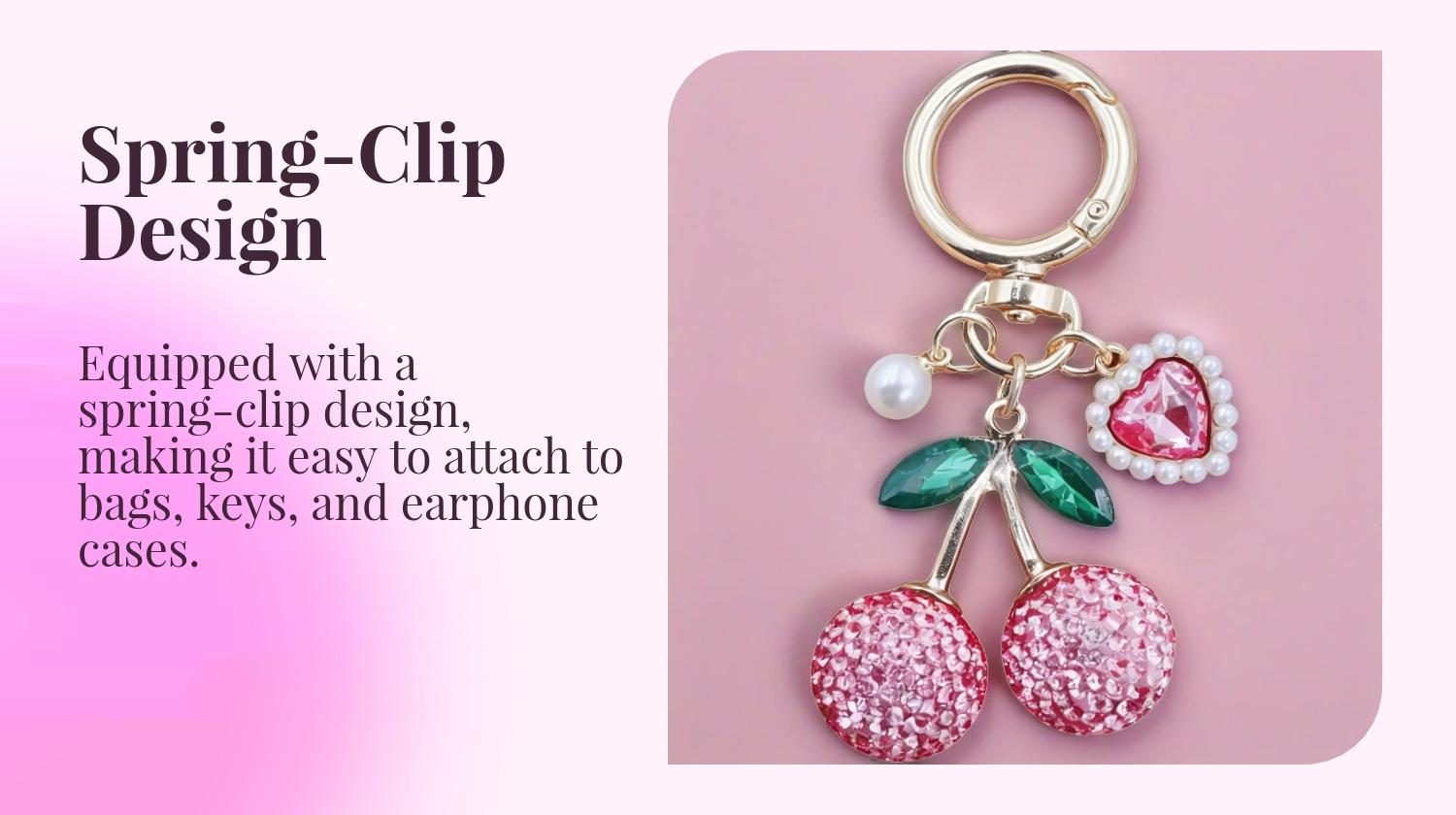 Full-Rhinestone Cherry Bag Charm Pearl-Edged Heart Spring-Clip Design Sweet & Girly Style Exquisite And Magnificent Instagram-Style Gentle Vibes For Bags, Keys, And Earphone Cases Bag Charms Accessory