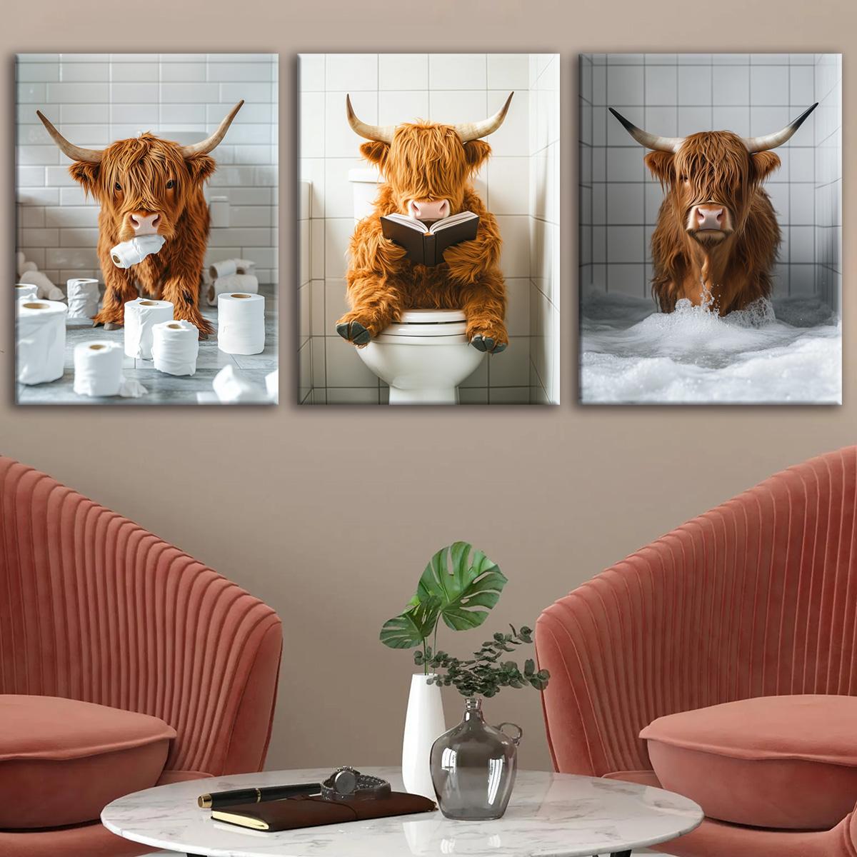 Highland Cow Pattern Canvas Framed Painting, 3 Counts Modern Wall Art Painting, Wall Art Decor for Home Interior Living Room Bedroom Office, Ornaments, Indoor Decoration #TOP PICKS
