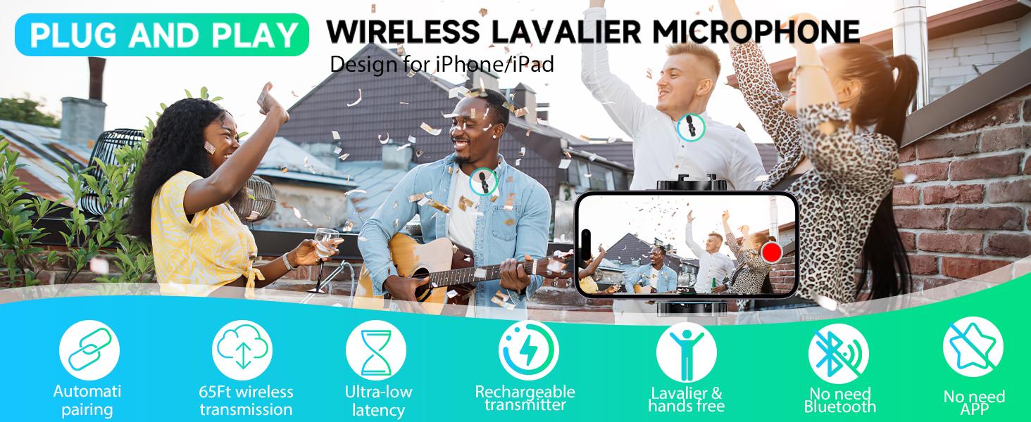 2024 2 Pack Wireless Lavalier Microphone for iPhone iPad, Lapel Mics Plug-Play 2.4G Ultra-Low Delay Built-in Noise Reduction Chip for Video Recording Interview Podcast Vlog