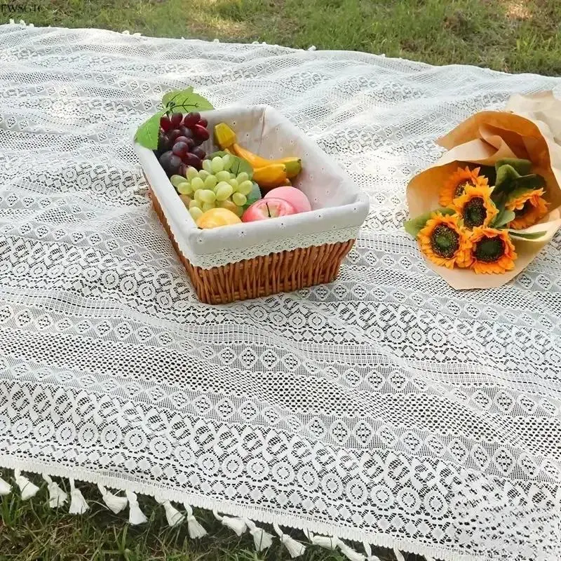 Boho Crochet Lace Woven Fabric Picnic Mat - Cottagecore, Decorative Tassel Edges, Foldable Size, Lightweight Multi-Purpose Throw Cover, Portable Outdoor Gear for Park Picnics, Beach Trips, Decorative Tassels