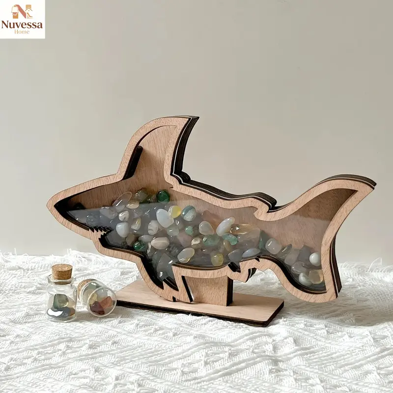 NUVES Shark Shell Storage Display Box, Wooden Beach Collectibles Box, Bohemian Coastal Home Decor, Crystal Organizer, Home Organizer Boxes, Ocean Theme Gift