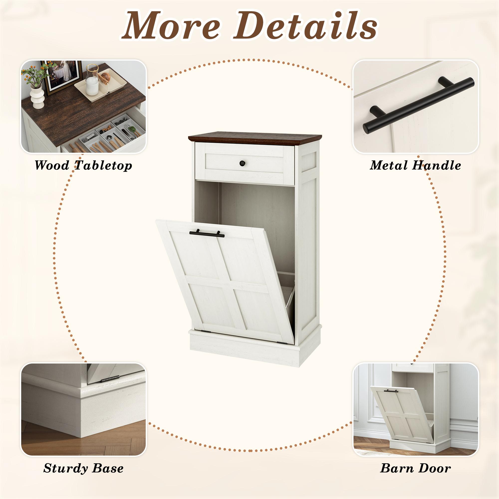 Trash Can Cabinet, 10 Gallons / 20 Gallons Farmhouse Hidden Wood Garbage Can Bin Cabinet with Drawers, Tilt Out Laundry Hamper with Laundry Storage Basket for Bathroom, Kitchen, Brown/Antique White/Dark Grey