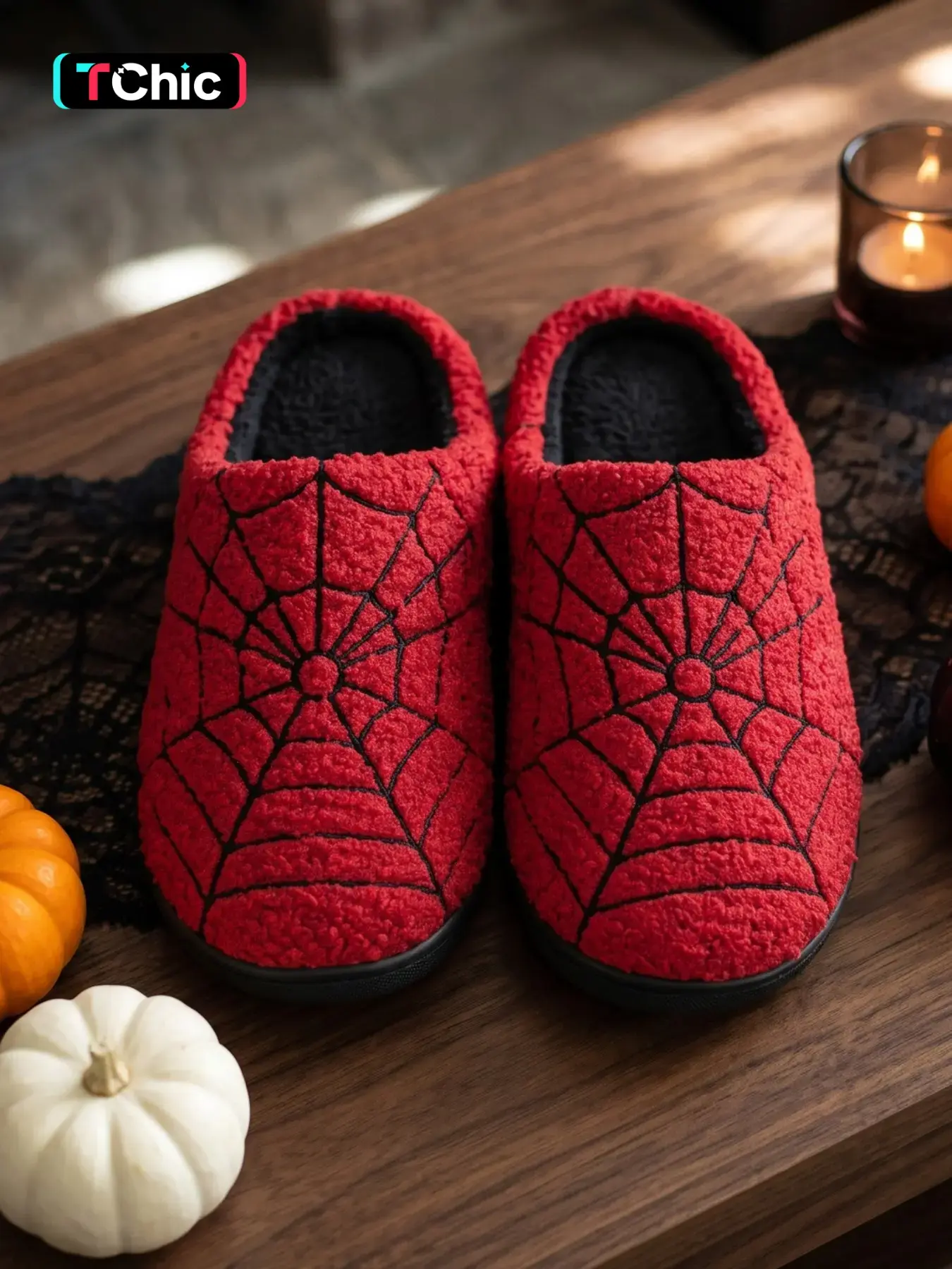 Halloween Plush Spider Web Slippers, Unisex Fall Winter Home Shoes, Embroidered Teddy Fleece, Silent Non-Slip, Indoor Outdoor Use, Fluffy House Slippers