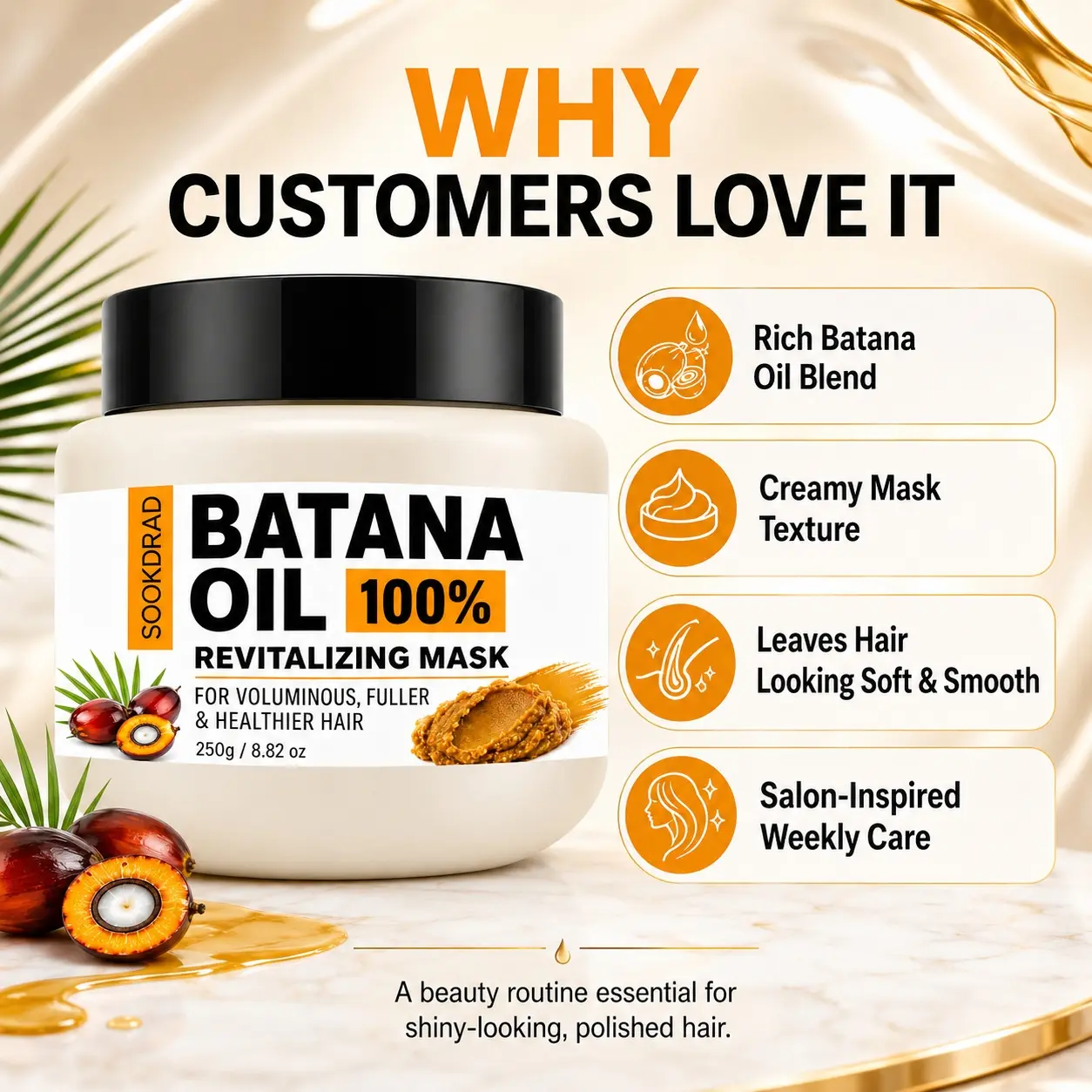 Batana Oil Revitalizing Mask, 100% Batana Oil, voluminous hair, fuller hair, healthier hair, hair care, 250g/8.82oz