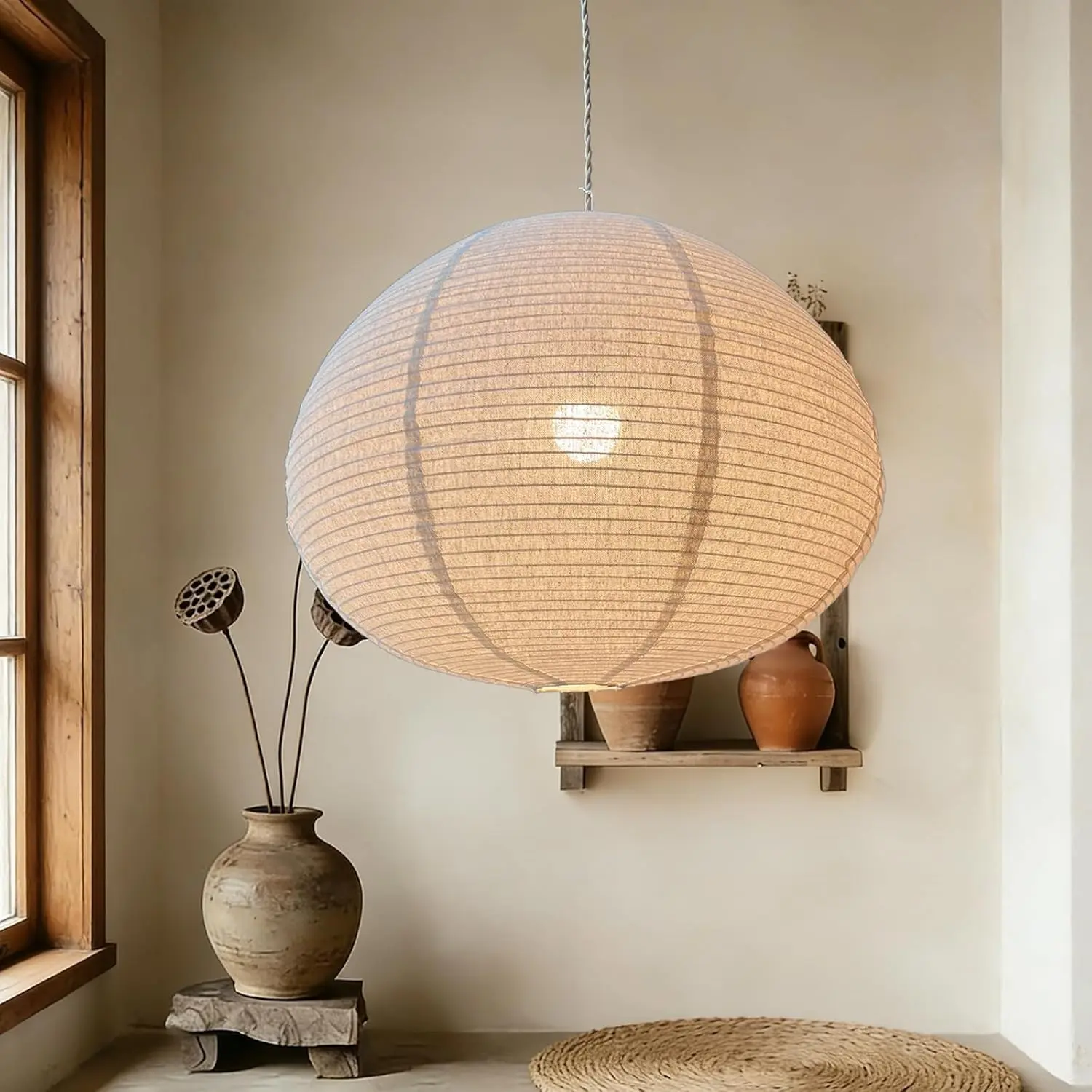 Large Hanging Lampshade 20INCH Linen lantern Pendant Light shade Oval Can replace paper lanterns Hanging Lantern Handmade Minimalist Decorations Suitable for Living room Hallway Bedroom