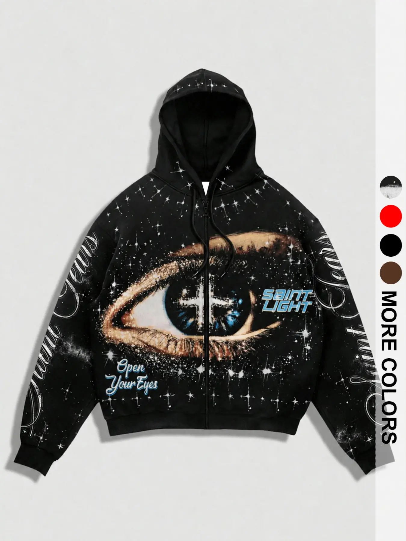 Y2K Dark Style Short Hoodie, Full Eye Cross Pattern, Star Print, Casual Long Sleeve Sweatshirt, Loose Fit, Fall & Winter