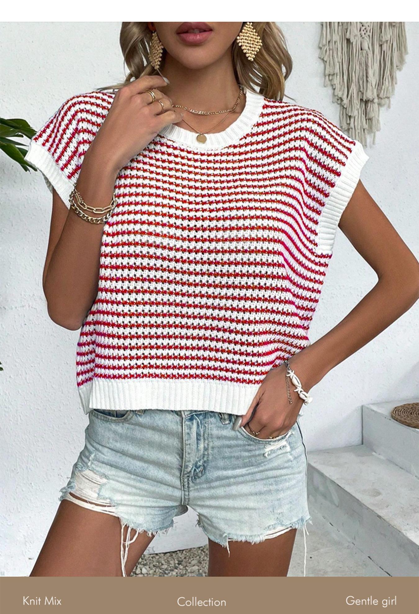 Women's Striped Knitted Vest Top, Round Neck Cap Sleeve Casual Loose Fit, Elegant Summer Fashion, Versatile Women's Knitwear