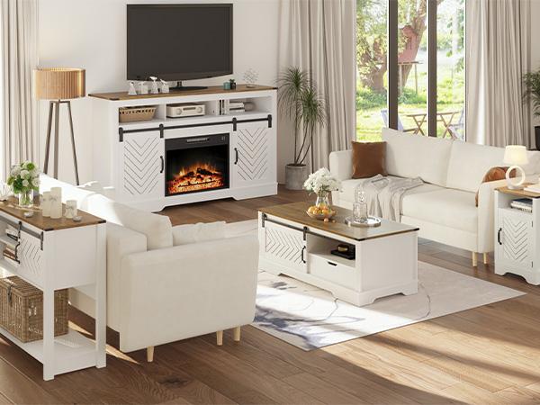 RoyalCraft Farmhouse Fireplace TV Stand for 65+ Inch TV, Entertainment Center with 23" Electric Fireplace with Remote, 34" Tall Modern Rustic TV Console with Sliding Bar Door for Living Room, Black