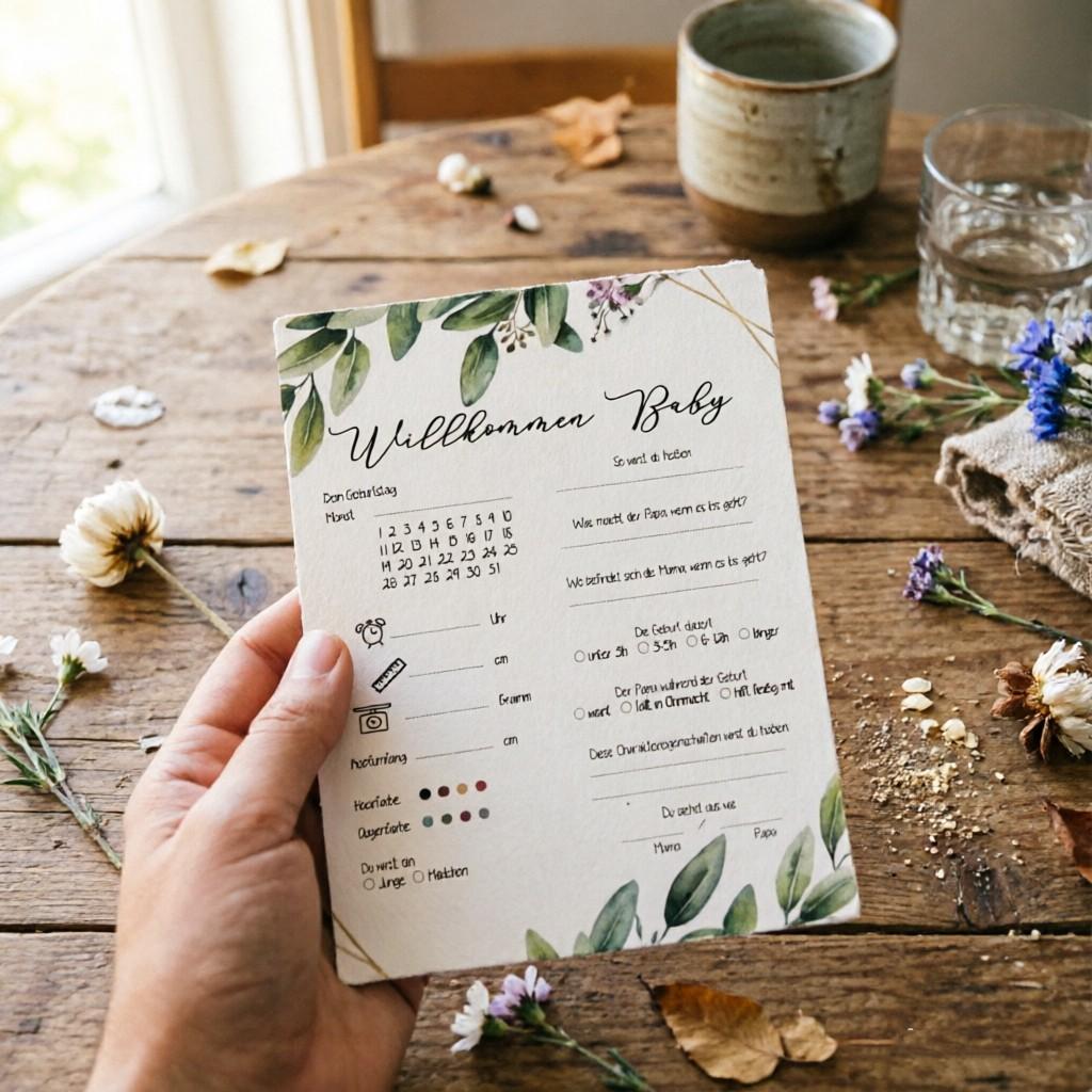 10 German Newborn Welcome Cards, Watercolor Leaf Baby Party Greeting Cards, Baby Birth Info Guessing Game, Interactive Paper