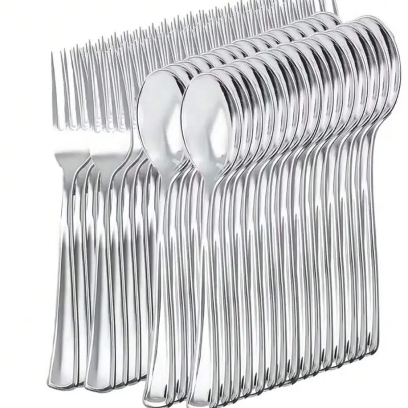 50-piece silver cutlery set (including 25 spoons + 25 forks); forks and spoons, washable and reusable, high-end tableware, suitable for: birthdays, weddings, parties, family gatherings, team building, outdoor barbecues, camping, banquets, school supplies,