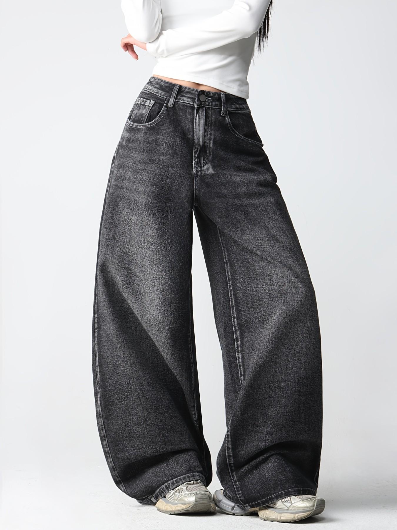 Vintage Creative Wing Embroidery Women's High Waist Baggy Denim Jeans, Casual Jeans Pants, Fashionable Trendy Streetwear Versatile Slimming Wide Leg Long Pants
