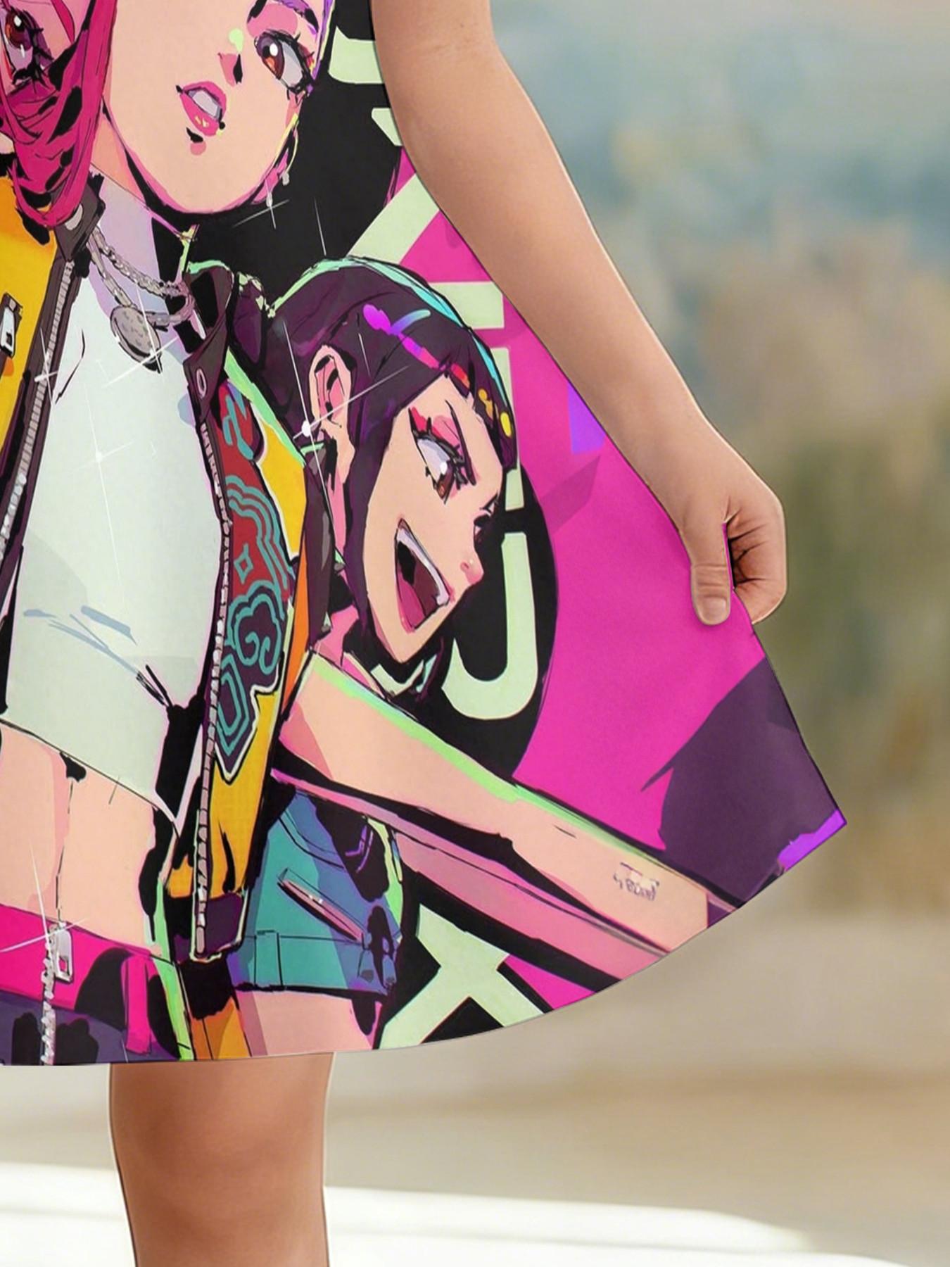 Girls' 3D Short Sleeve Dress, Cyber Graffiti Kpop Full Print Summer Dress, Perfect for Parties, Festivals, Gifts, Birthday Presents