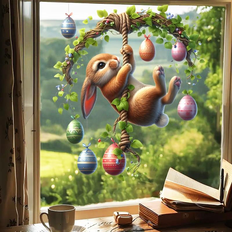 Charming Rabbit Easter Egg Window Stickers, Floral Design, Wall Decor, Home Decoration, Party Supplies, Unique Gift, Eye-Catching Easter Decor