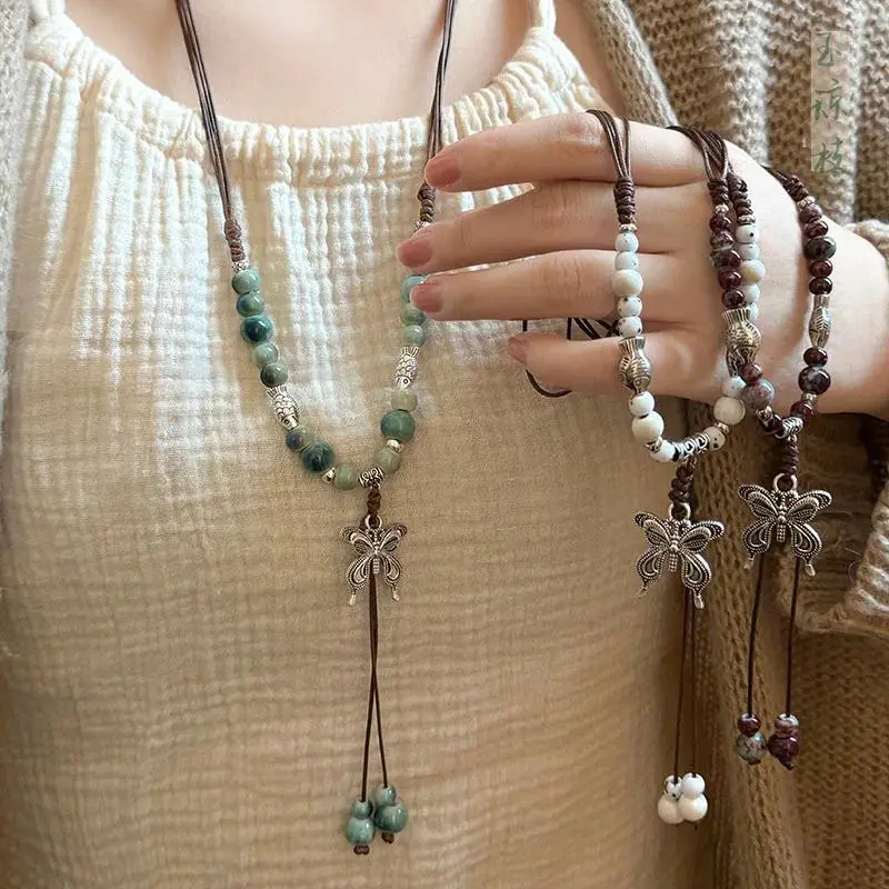 Vintage Ceramic Butterfly Pendant Necklaces for Women New Chinese Ethnic Style Long Adjustable Handmade Beaded Necklaces Jewelry