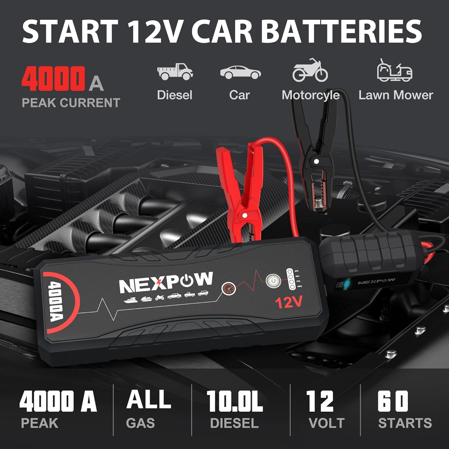 NEXPOW Car Jump Starter 4000A Car Battery Jump Starter Portable Pack for Up to All Gas and 10.0L Diesel Engine 12V Jump Box, Jump Pack, Battery Booster, Portable Jumper Cables with LED Light/USB QC3.0 NEXPOW Car Jump Starter 4000A Car Battery Jump Starter Portable Pack for Up to All Gas and 10.0L Diesel Engine 12V Jump Box, Jump Pack, Battery Booster, Portable Jumper Cables with LED Light/USB QC3.0