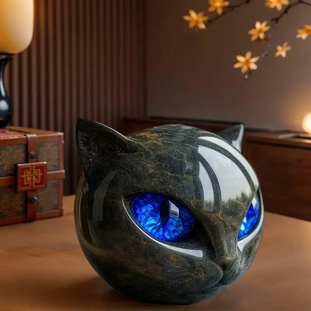 Cat Stone Sculpture Figurine, Handcrafted Marble-Look Resin Statue Decorations, Amber Eyes, Elegant Shelf Decor for Home or Office