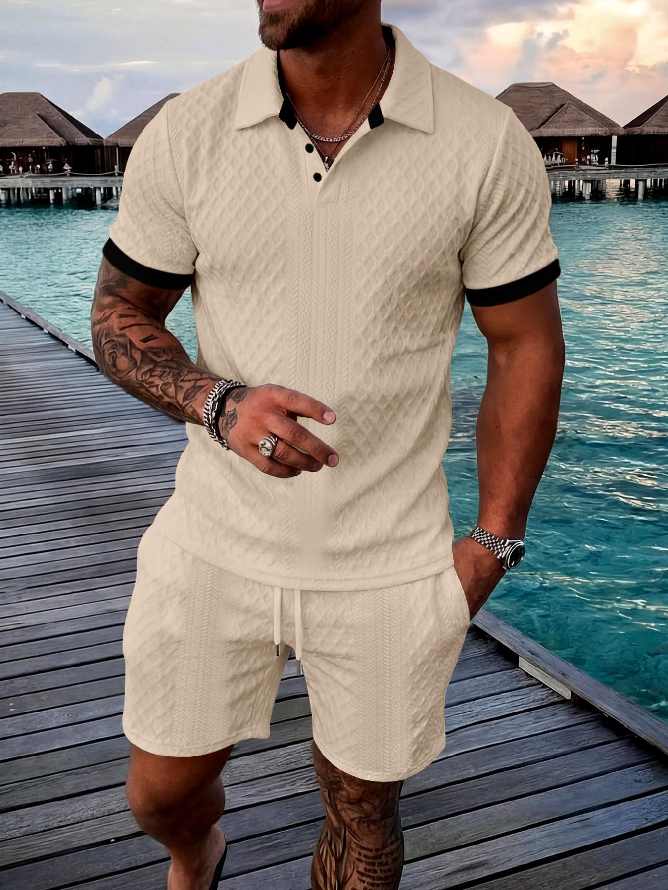 Men's Colorblock Polo Shirt & Drawstring Shorts Set, Textured Knit Short Sleeve, Casual Daily Wear, Summer Tropical Fashion Choice, Menswear, Clothes