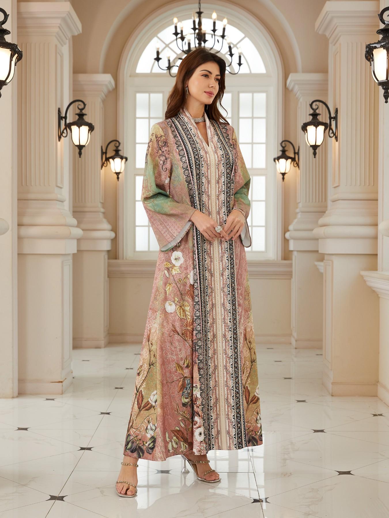 Women's Vintage Floral Print Rhinestone Long Robe, Dubai Style Kaftan Evening Dress, Ramadan Eid Abaya