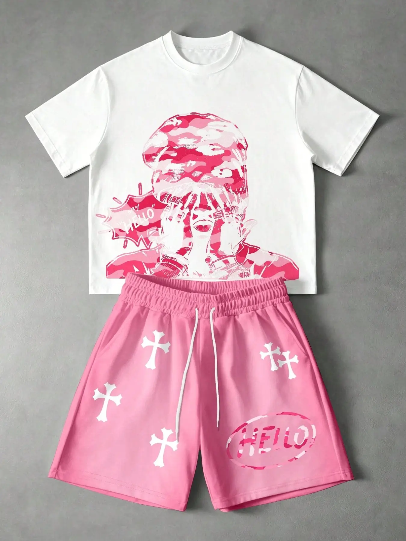 Manfinity EMRG 2pcs Men Light Pink Summer Streetwear Holiday Set,White Round Neck Short Sleeve T-Shirt+Pink Camo Jellyfish & ""HELLO"" Print Drawstring Shorts Outfit