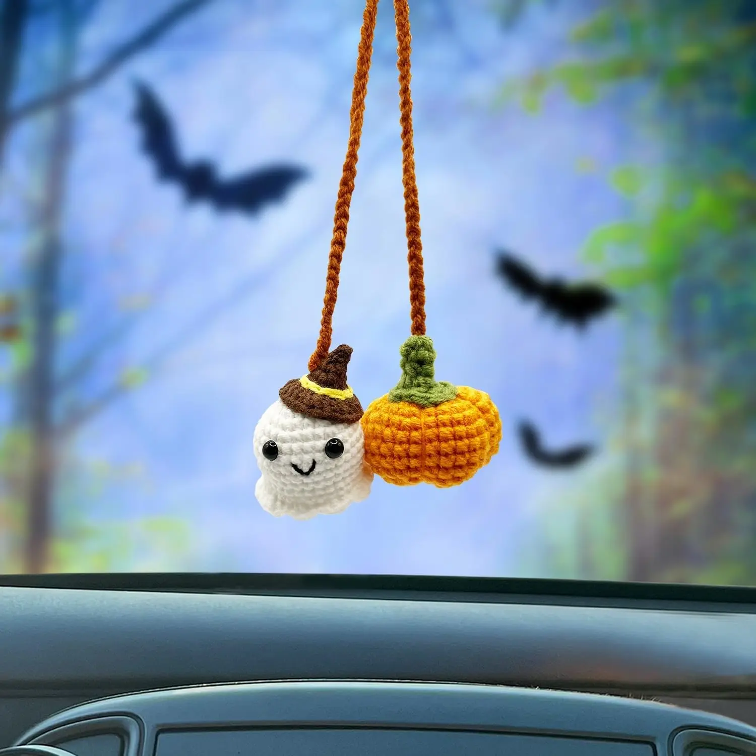 Halloween Handmade Crochet Keychain, Cute Ghost Pumpkin Decoration, Unique Car Rearview Mirror Hanging Ornament, Car Interior Accessory, Bag Charm