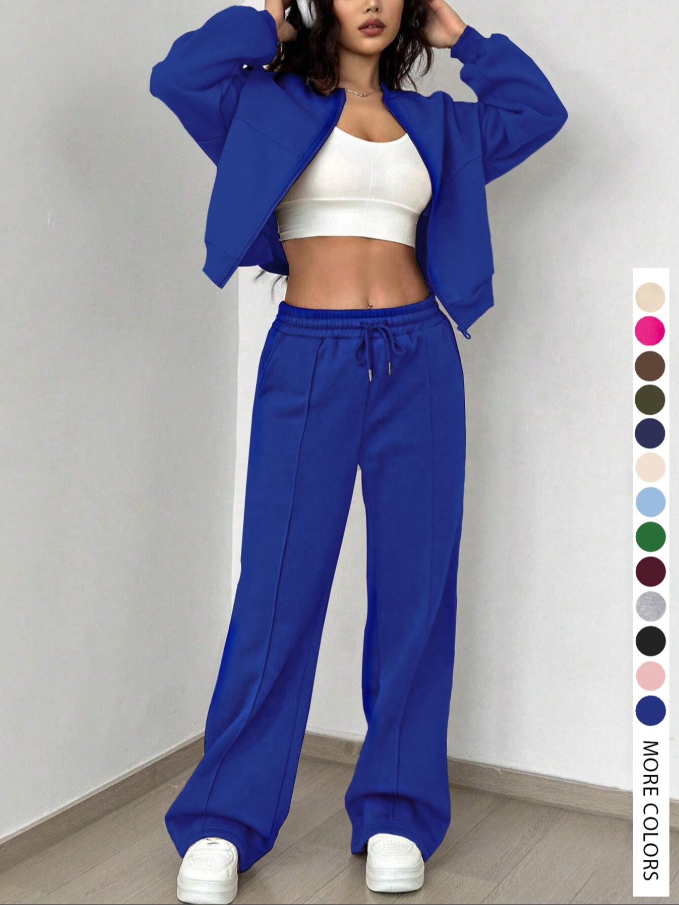 【LovelyWholesale】Women's Casual Striped Long Sleeve Zipper Jacket and Pants Set, Airport Wear, Fitted Natural Waist,Ladies Clothes for All Seasons