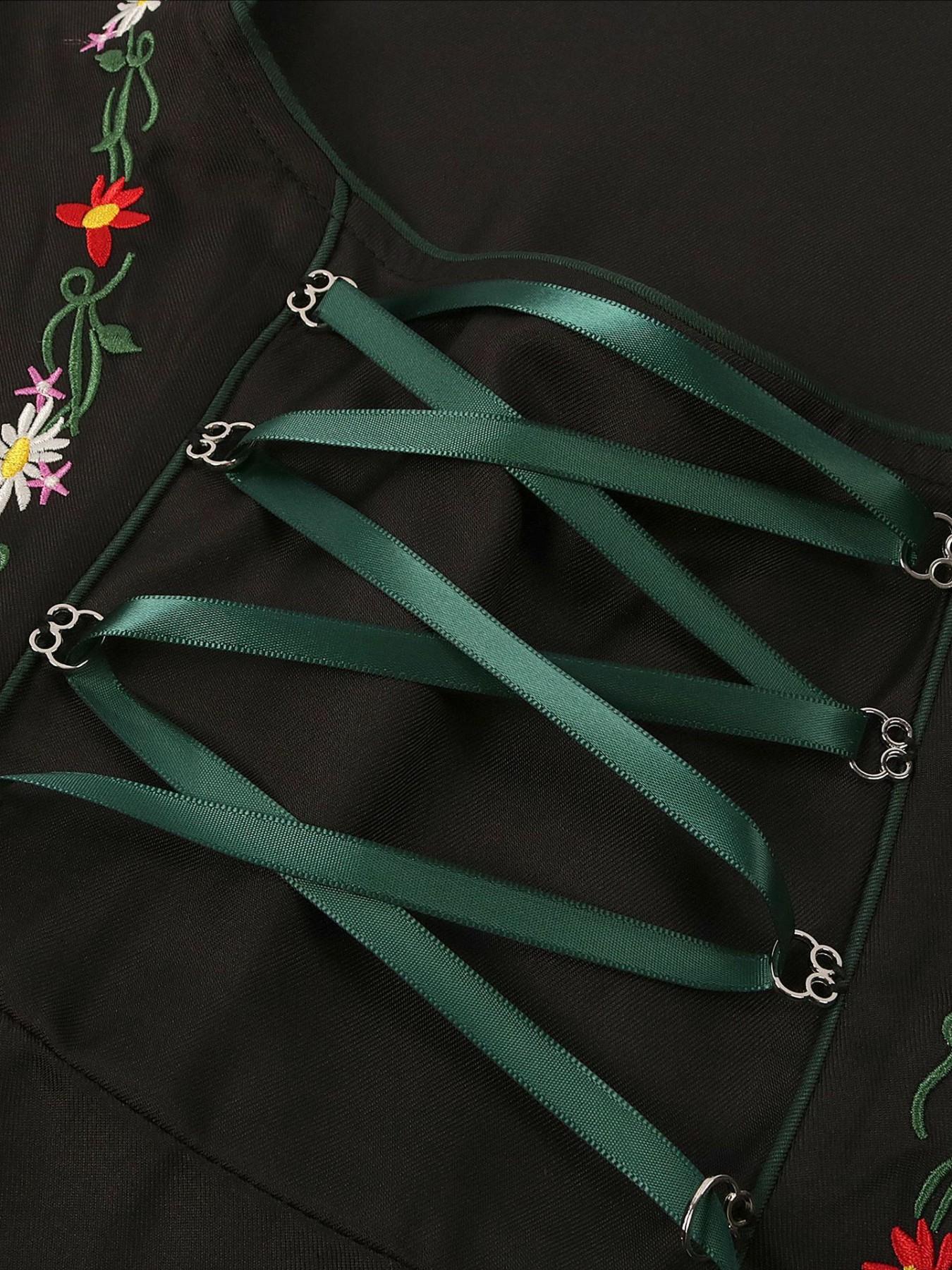 German Dirndl Women's Traditional Beer Festival Dress, Floral Print Lace Bavarian Costume, Fitted All-Season Party Wear