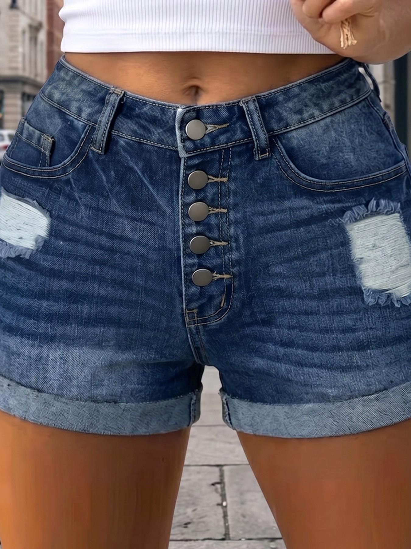 Women's High Waisted Denim Shorts, Multi Button Fly, Stretchy, Distressed Ripped, Pockets, Y2K Style, Chic, Casual Streetwear, Spring Summer