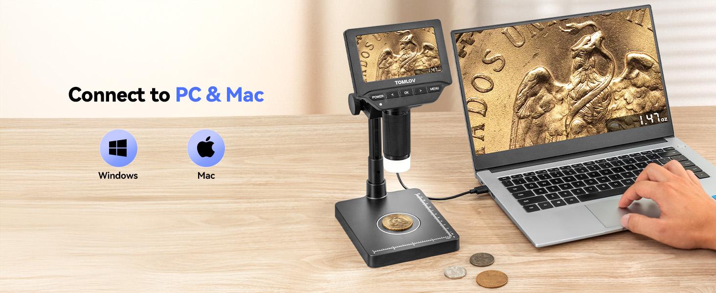 TOMLOV DM4W Microscope with Weighing Scale: 4.3" Digital Coin Microscope with Screen, Error Coin Magnifier with Lights, Weight Scale for Collectors, Jeweler, Students, Compatible with Windows/Mac
