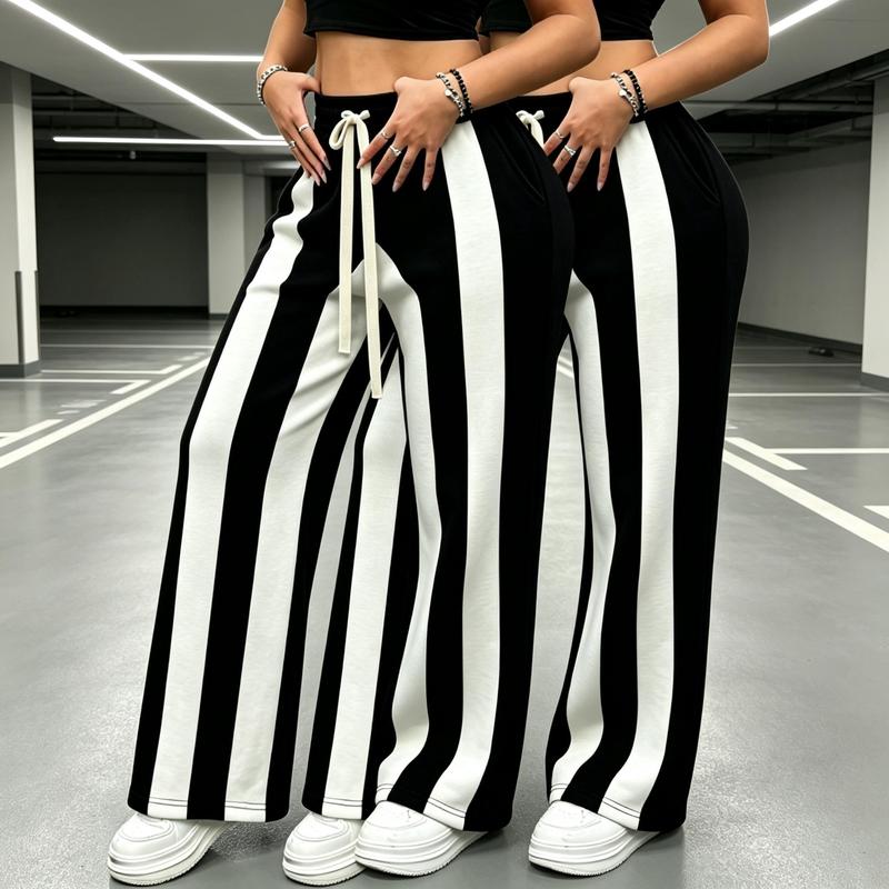 Female 2-Pack Vertical Stripe Wide Leg Joggers, Soft Knit Fabric, Adjustable Waist, Relaxed Flared Cut, Full Length, Y2K Urban Casual Pants, Ideal for Shopping Errands & Everyday Wear