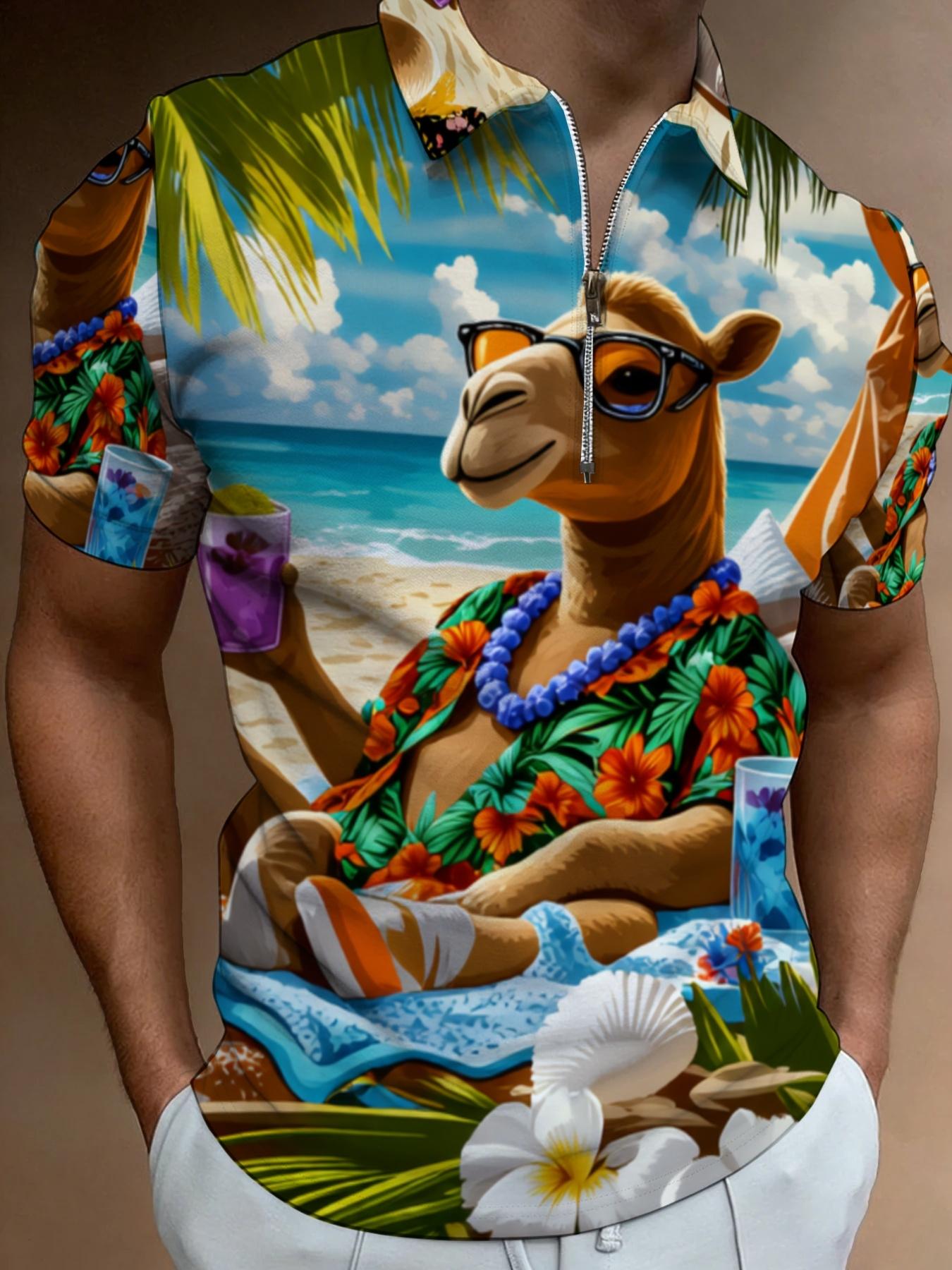 Short Sleeve Polo Shirt with Tropical Camel Pattern, Men's Hawaiian Printed Beach Casual Wear, Summer Vacation Apparel