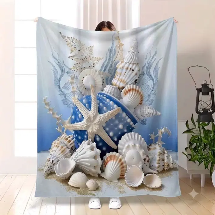 1pc of Creative Blue Ocean Coral Shell Patterned Flannel Blanket, Contemporary Home Decor Throw, Soft And Comfortable Blanket, Suitable for Travel, Sofa Bed, Office Home Decoration, Birthday Gift Blanket for, Adults, Usable in All Seasons
