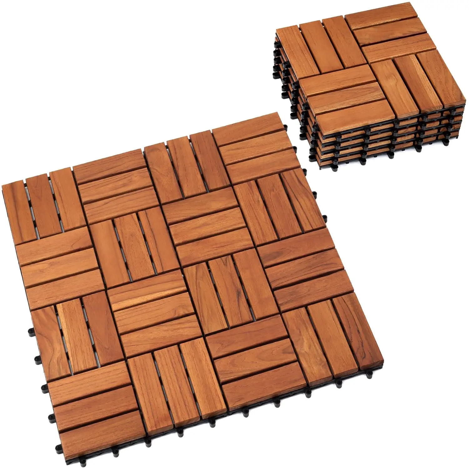 Teak Deck Tiles (Pack of 9) Hardwood Interlocking Patio Deck Tiles, Teak  Deck Tiles Interlocking Outdoor, Patio Tiles Outdoor Interlocking Waterp (9, , 12 Slat)
