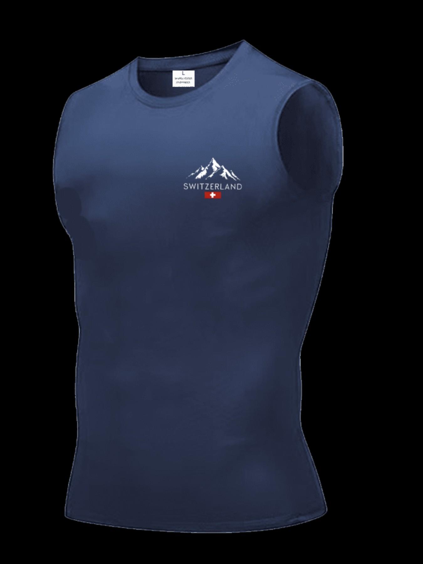 Men's Short Sleeve Sporty Slim-Fit Tee, Quick-Dry Breathable Fabric, Switzerland Print, Ideal for Gym, Running, Boxing, Outdoor Activities