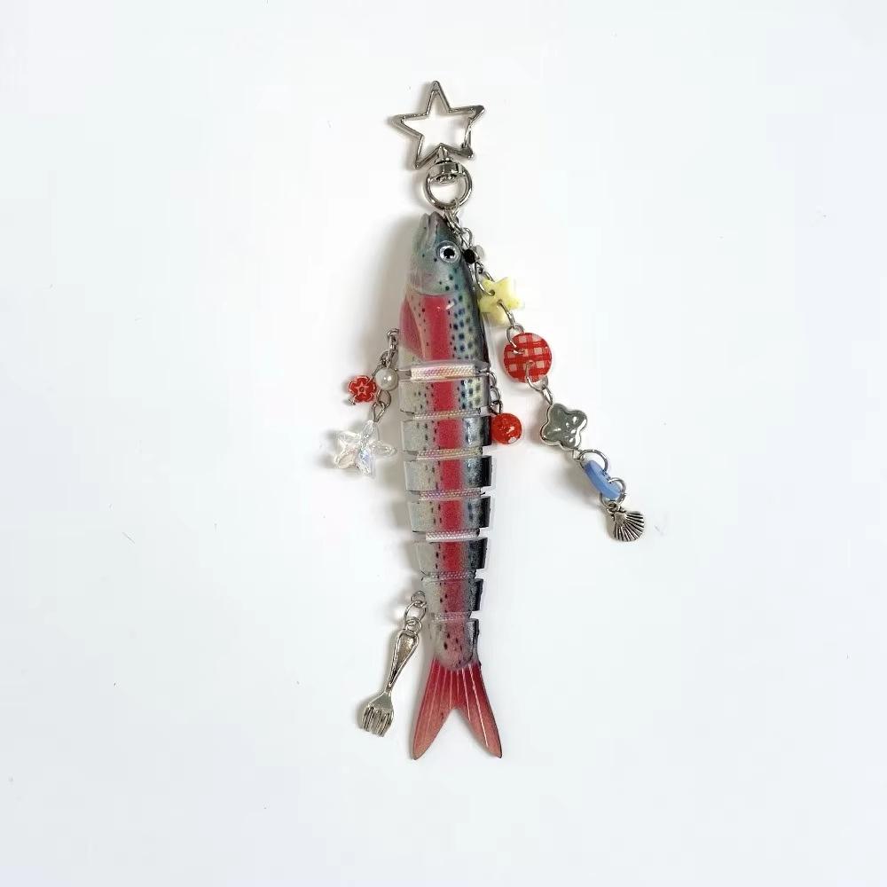 Novelty Fish Keychain, Fishing Enthusiasts Creative Bait Keychain, Jointed Design Fish Keyring with Beaded Charm, Realistic Lure Keychain for Bag Backpack, Good Luck Aesthetic Fish bag Pendant Trinket, Kawaii Keychain Style Accessory