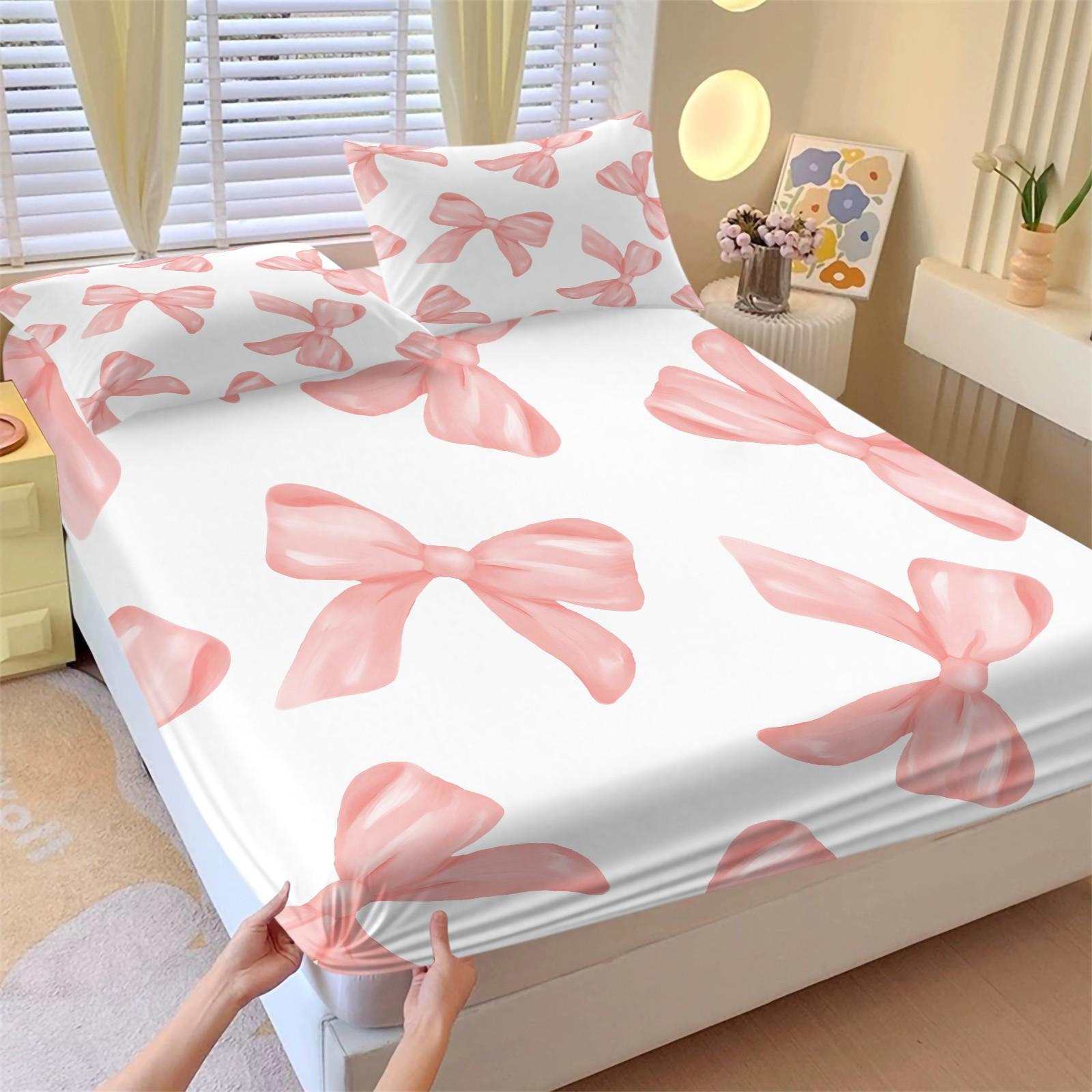 Y2K Watercolor Nude Pink Bow Microfiber Fitted Sheet Set, Soft Comfy Bedding, Includes 1 Fitted Sheet & 2 Coreless Pillowcases, Soft, Breathable Fabric, Deep Pocket Anti-Slip All Season Bedding Set, Princess Style Bedroom Decor