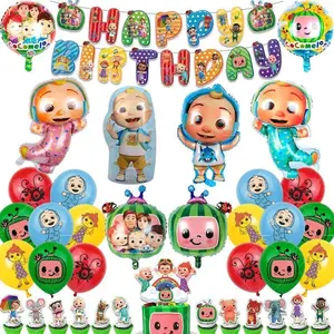 Cocomelon Balloons Watermelon Baby Cake Topper Birthday Banner Party Decoration Background Stickers Kid Boy Disposable Tableware