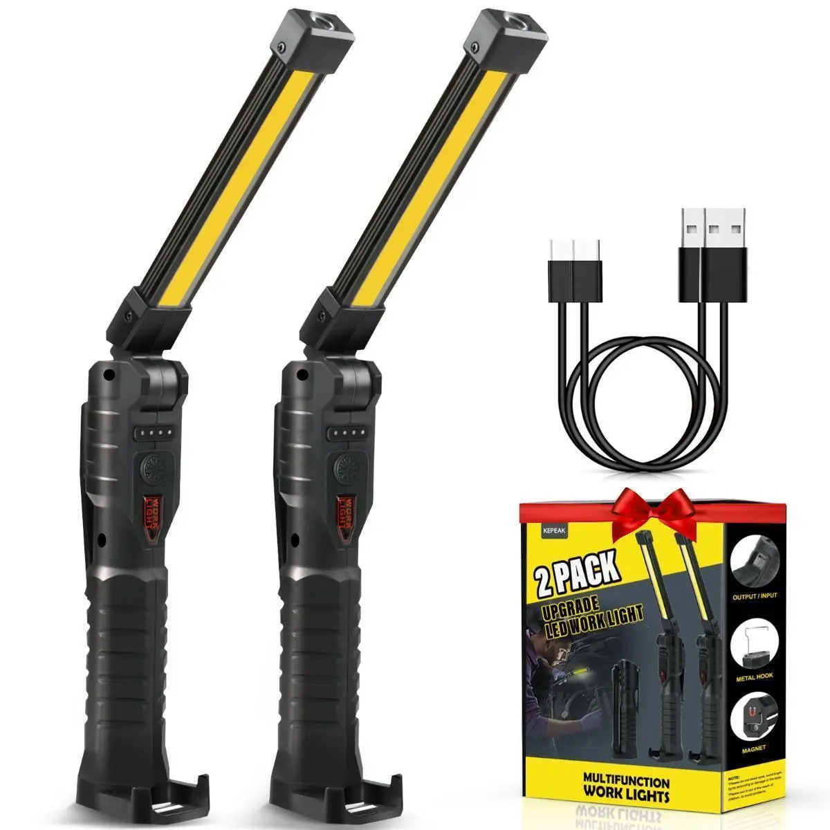 【BackToSchool】2-Pack Black Cordless LED Work Lights with Magnetic Base, Hook, 5 Modes - EDC Multifunctional Outdoor Flashlight for Men's Work, Construction, Car Repair, Edc Flashlight Rechargeable, Cordless Work Light