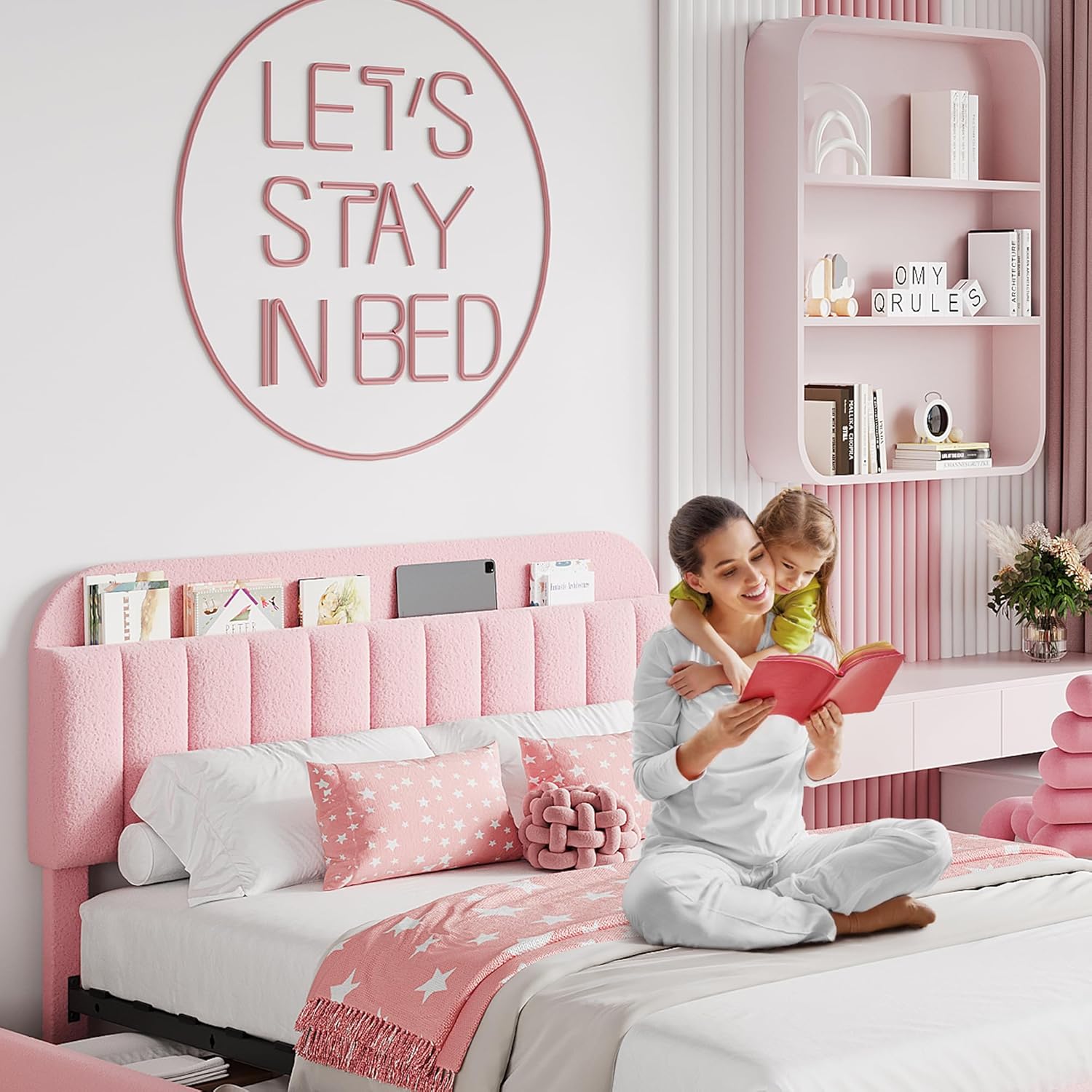 Twin Size Bed Frame with 2 Flexible Drawers, Boucle Upholstered Platform Bed Frame with Bookcase Headboard, Bedframe for Kids/Girls, Easy Assembly, No Box Spring Needed, Noise Free