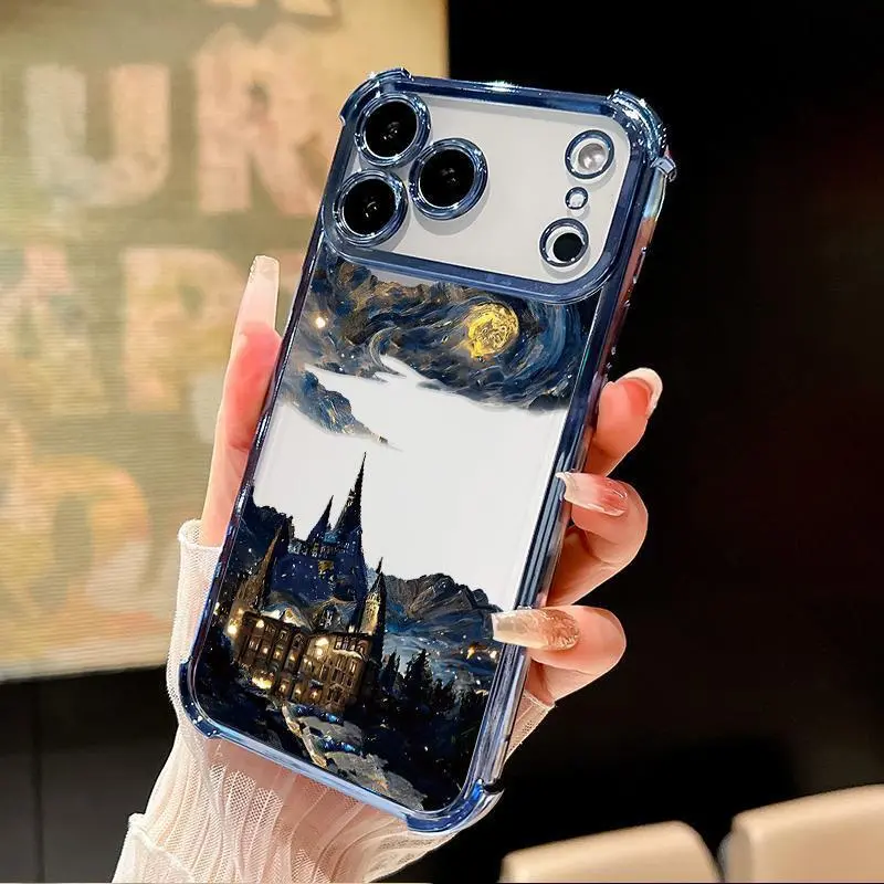 Magical Night Pattern Four Corner Anti-Fall Phone Case Transparent Electroplated Protective Cover for iPhone 17 16 Pro Max 15 Plus 14 13 12 11 E Air.QXA348