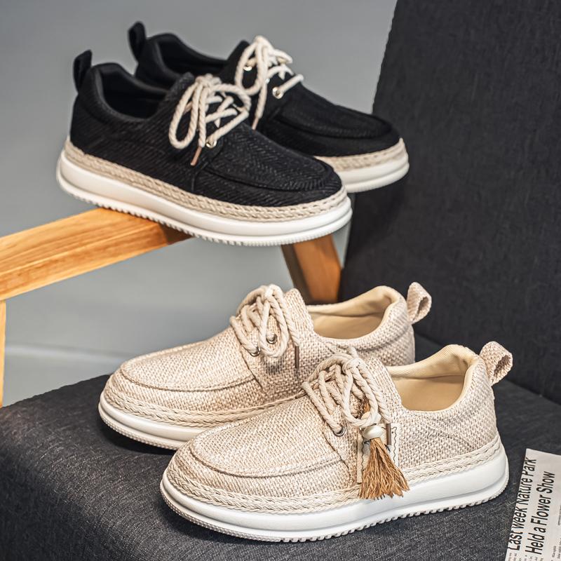 New Summer Men's Cotton Linen Shoes, Breathable Non-Stuffy, Straw Trim Fringe Design, Casual Retro Style, Perfect for Daily Wear