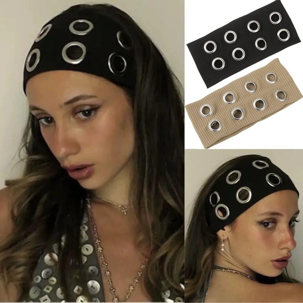 AWAYTR Buy One Get One Free Y2K Punk Girl Punk Grunge Hollowed Out Eyelets Elastic Wide Headband Fashion Rock Gothic Sports Headbands Hair Accessories