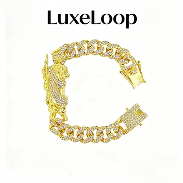 LuxeLoop Iced Out Virgin Mary Charm Cuban Link Bracelet, Enamel Inlaid Cubic Zirconia Chunky Chain, Gold & Silver Plated Vintage Unisex Hip Hop Streetwear Fashion Jewelry for Men Women,stylish