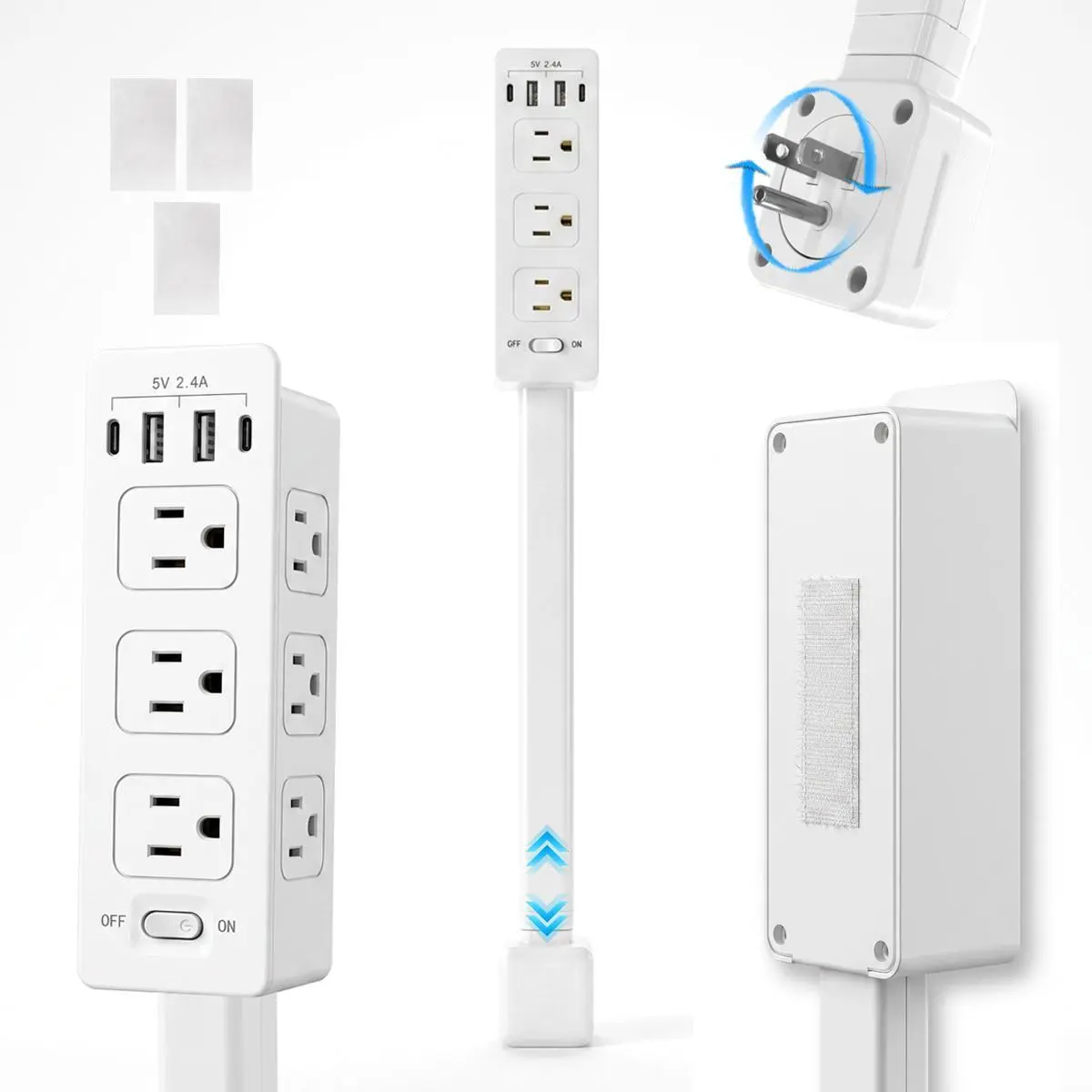 6-in-1 Rotating Power Strip Tower – 6 AC Outlets + 2 USB-A + 2 USB-C, 360° Swivel Plug & Extendable Stick-On Base, No-Drill Adhesive Desktop Charging Station for Home Office Bedroom Gaming Setup, Surge Protected Space-Saving Tower