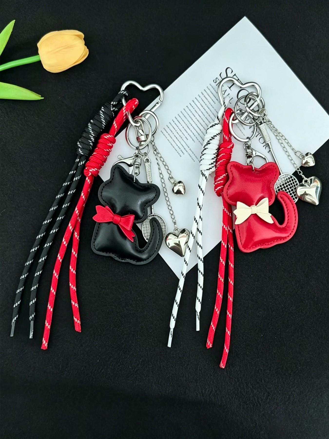 Miu Style Butterfly Knot Cat Keychain, Cute Heart Leopard Pattern Pendant, Casual All-Season Accessory for Bags and Backpacks