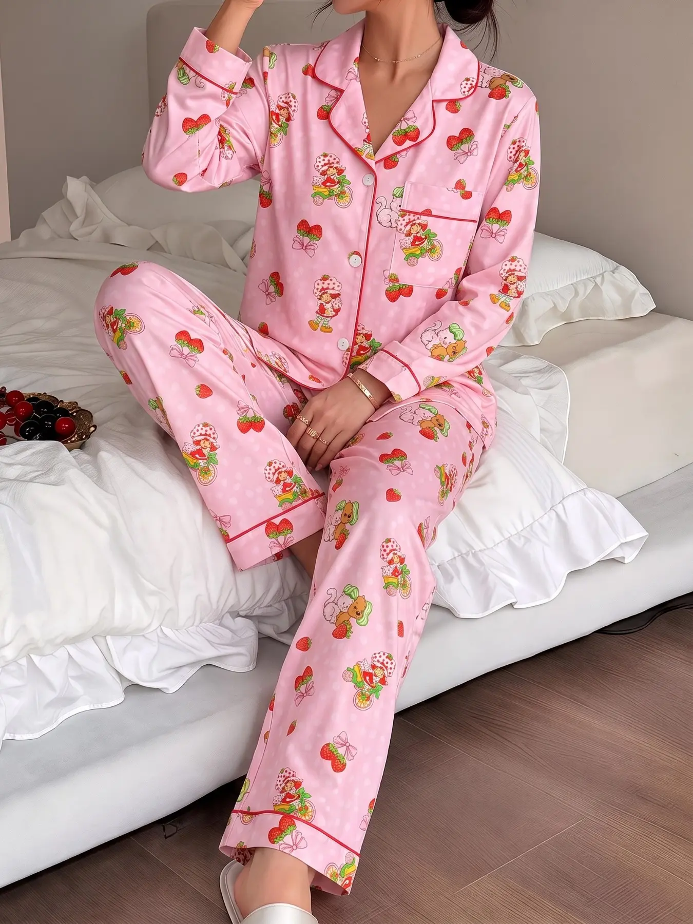 Women's Long Sleeve Pajama Set, Spring Summer Sleepwear, Strawberry Girl Polka Dot Dog Print, Soft Comfortable Fabric, Casual Home Wear, Polyester Pajama Set